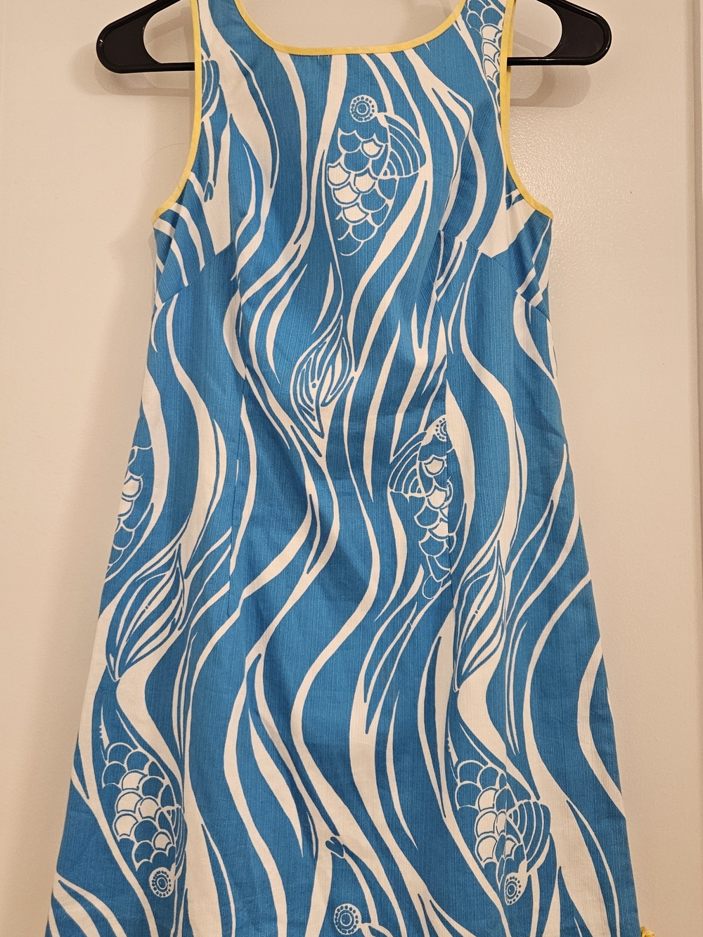 Lilly Pulitzer Blue and White Wave-Print Sundress with Yellow Trim